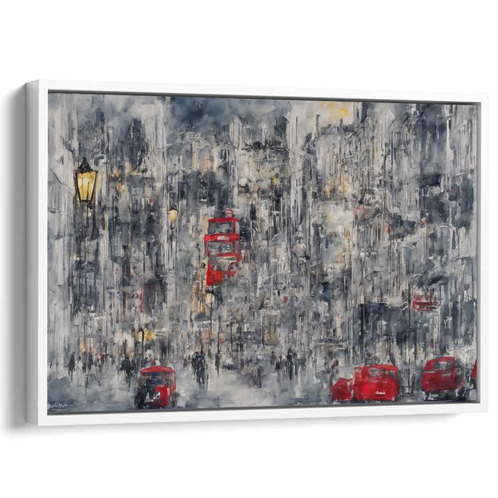 Urban Ghosts at Dawn: Red Buses in a Misty Cityscape