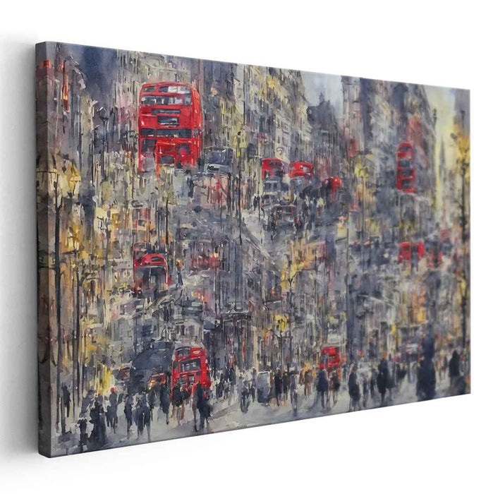 Urban Motion Symphony: Red Buses on London Streets Impressionist Canvas Art