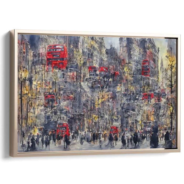 Urban Motion Symphony: Red Buses on London Streets Impressionist Canvas Art