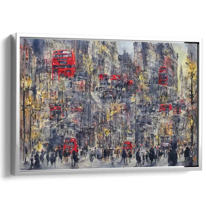 Urban Motion Symphony: Red Buses on London Streets Impressionist Canvas Art