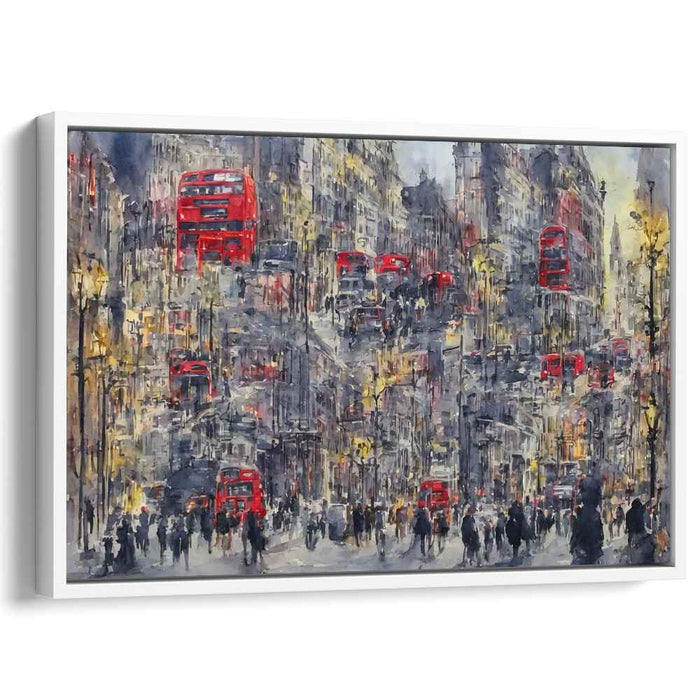 Urban Motion Symphony: Red Buses on London Streets Impressionist Canvas Art