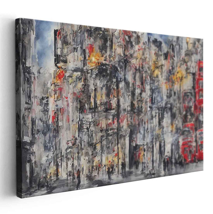 Urban Commute Symphony: Impressionist Cityscape with Red Buses