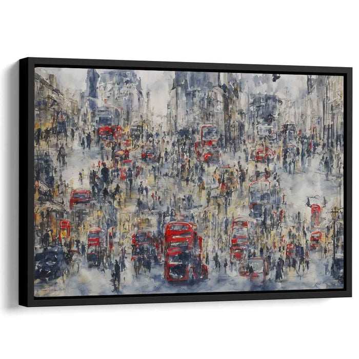 Crimson Tracks Reflecting Shadows: Red Buses and Rainy Streets Impressionist Canvas Art