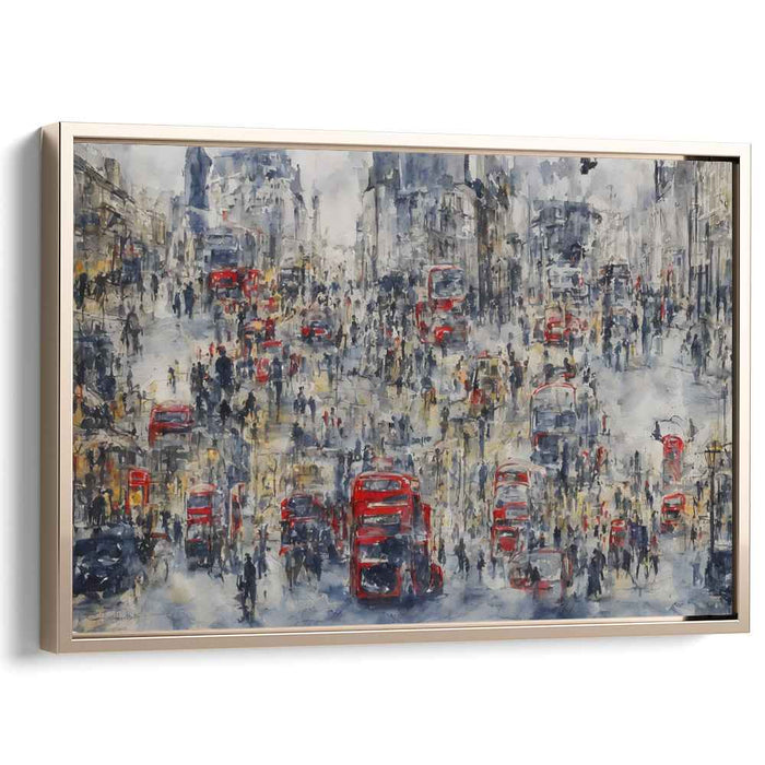 Crimson Tracks Reflecting Shadows: Red Buses and Rainy Streets Impressionist Canvas Art