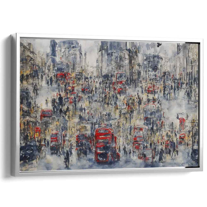 Crimson Tracks Reflecting Shadows: Red Buses and Rainy Streets Impressionist Canvas Art