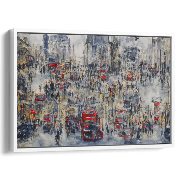 Crimson Tracks Reflecting Shadows: Red Buses and Rainy Streets Impressionist Canvas Art