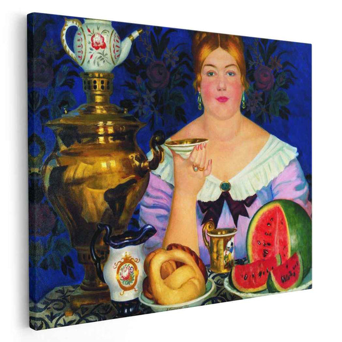 Mercahnt's Wife Drinking Tea (1923) by Boris Kustodiev