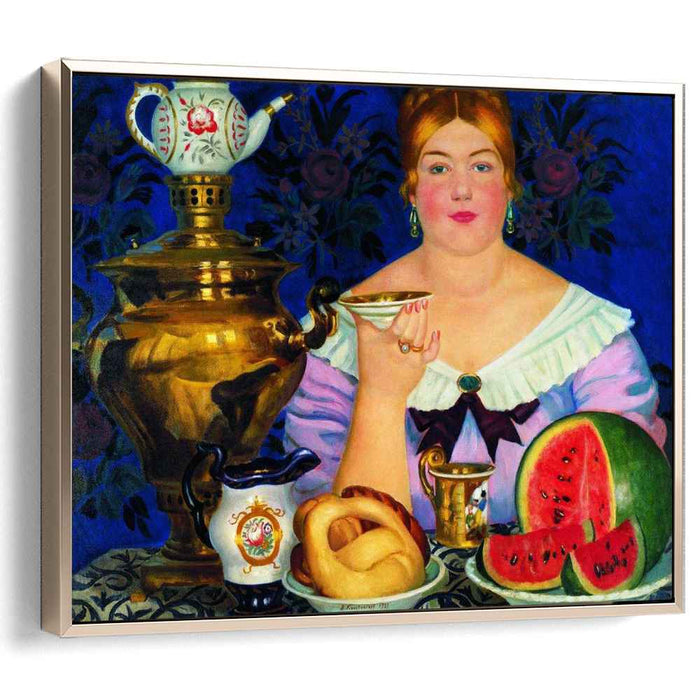 Mercahnt's Wife Drinking Tea (1923) by Boris Kustodiev