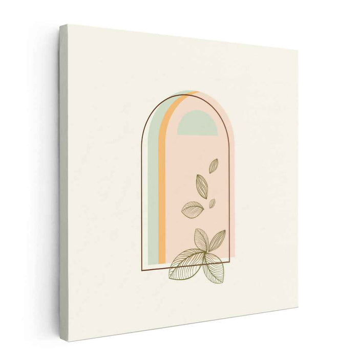 Soft Arcadia: Minimalist Pastel Arch with Leaves Canvas Art