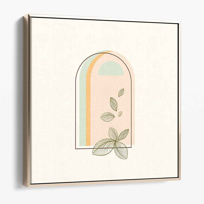 Soft Arcadia: Minimalist Pastel Arch with Leaves Canvas Art