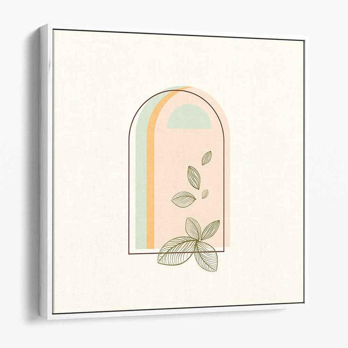 Soft Arcadia: Minimalist Pastel Arch with Leaves Canvas Art