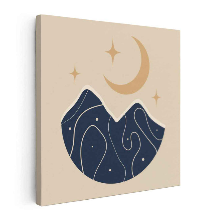 Nightfall Peaks: Minimalist Mountain Landscape with Crescent Moon and Stars Canvas Art Print