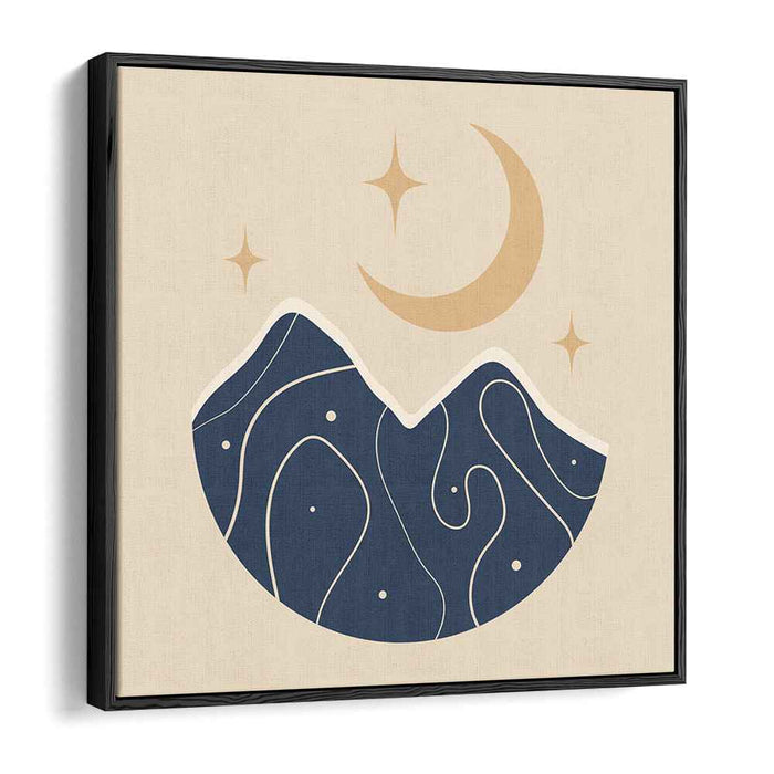 Nightfall Peaks: Minimalist Mountain Landscape with Crescent Moon and Stars Canvas Art Print