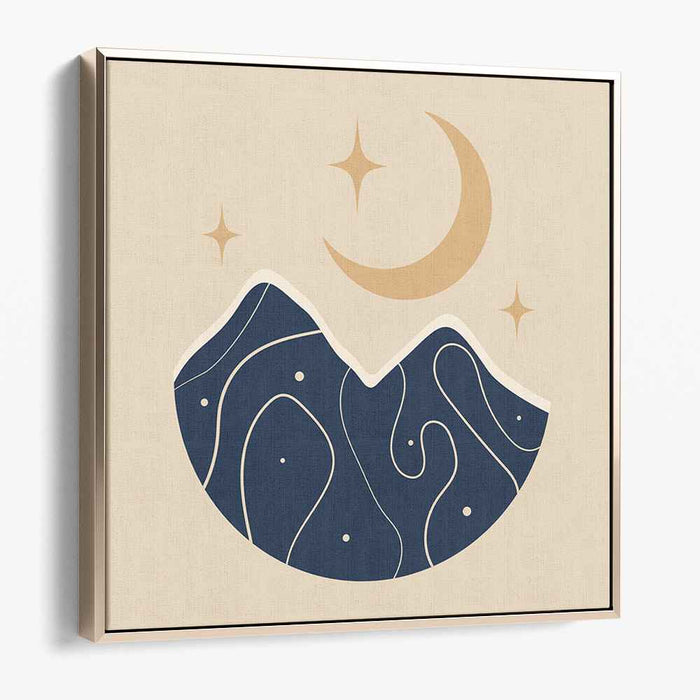 Nightfall Peaks: Minimalist Mountain Landscape with Crescent Moon and Stars Canvas Art Print