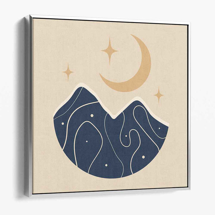 Nightfall Peaks: Minimalist Mountain Landscape with Crescent Moon and Stars Canvas Art Print