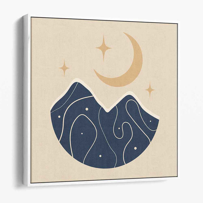 Nightfall Peaks: Minimalist Mountain Landscape with Crescent Moon and Stars Canvas Art Print