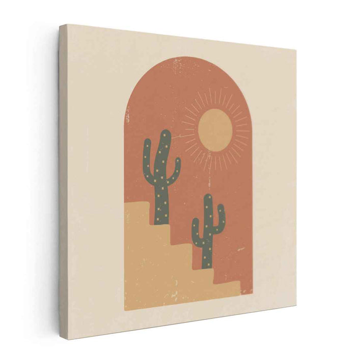 Sunlit Cacti Oasis: Minimalist Cacti and Sun Canvas Art Print