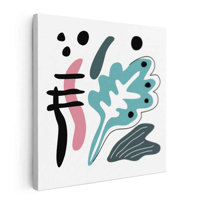 Playful Abstract Harmony: Teal Leaf and Bold Strokes Canvas Art Print