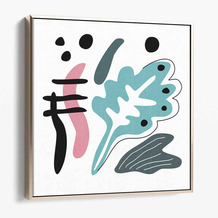 Playful Abstract Harmony: Teal Leaf and Bold Strokes Canvas Art Print