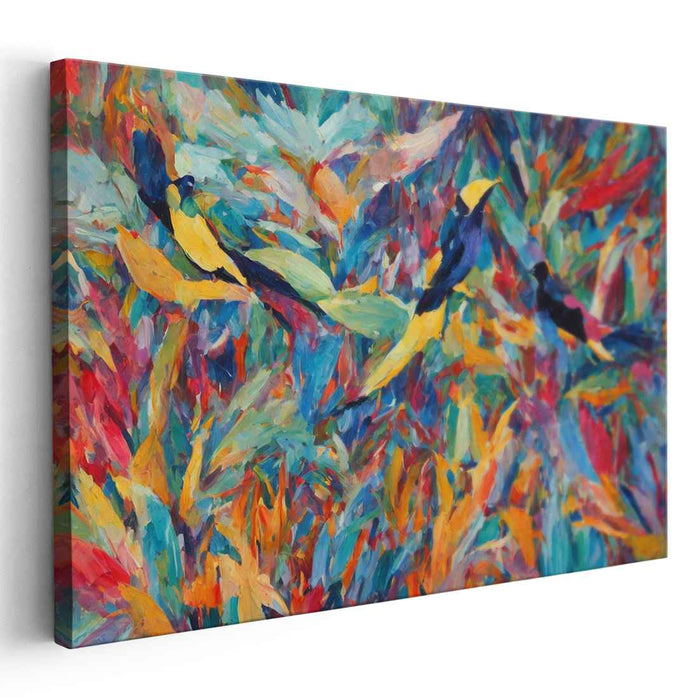 Wild Avian Revelry: Fauvist Birds in Abstract Wilderness Canvas Art Print