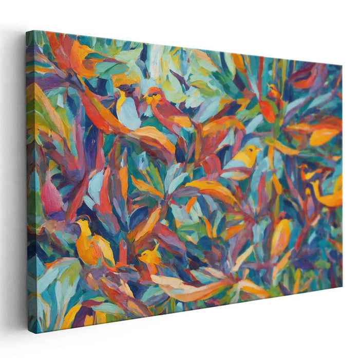 Aviary Abstraction: Vibrant Birds in Abstract Foliage Canvas Art Print