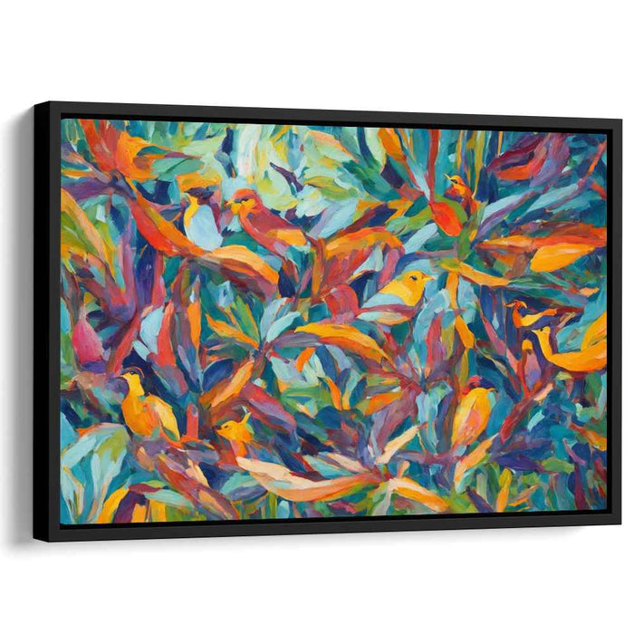 Aviary Abstraction: Vibrant Birds in Abstract Foliage Canvas Art Print