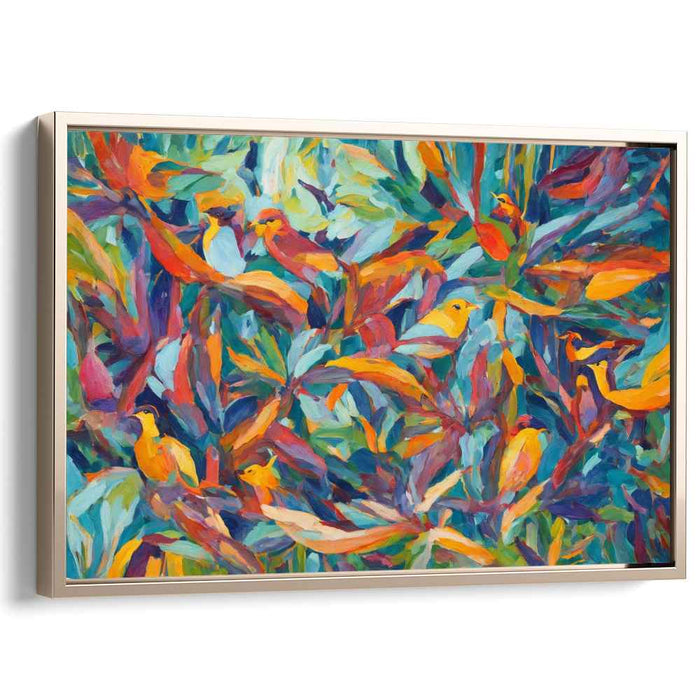Aviary Abstraction: Vibrant Birds in Abstract Foliage Canvas Art Print