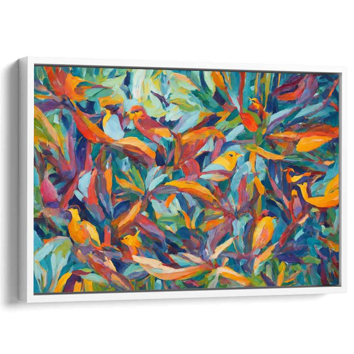 Aviary Abstraction: Vibrant Birds in Abstract Foliage Canvas Art Print