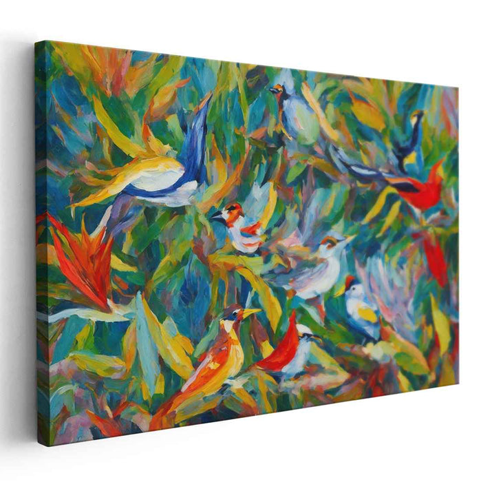 Avian Brushstrokes Dance: Impressionistic Birds in Lush Foliage Canvas Art