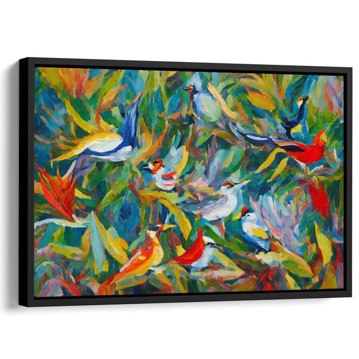 Avian Brushstrokes Dance: Impressionistic Birds in Lush Foliage Canvas Art