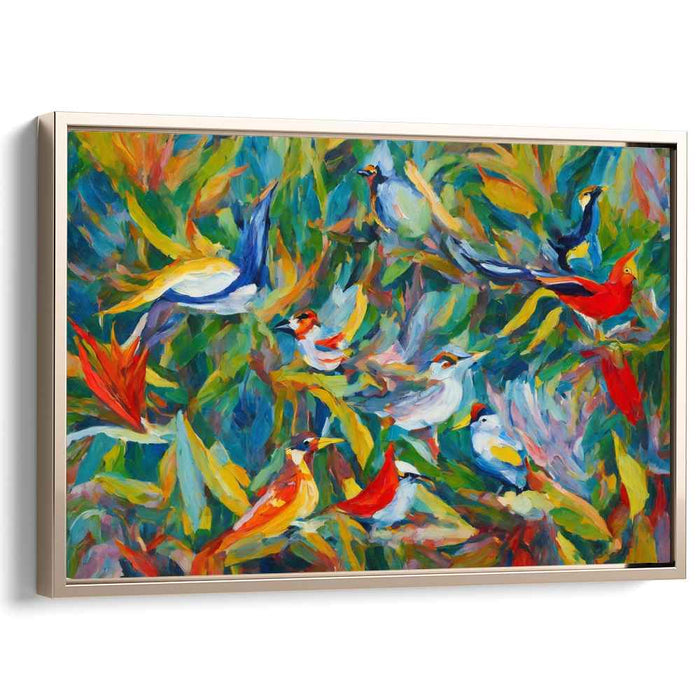Avian Brushstrokes Dance: Impressionistic Birds in Lush Foliage Canvas Art