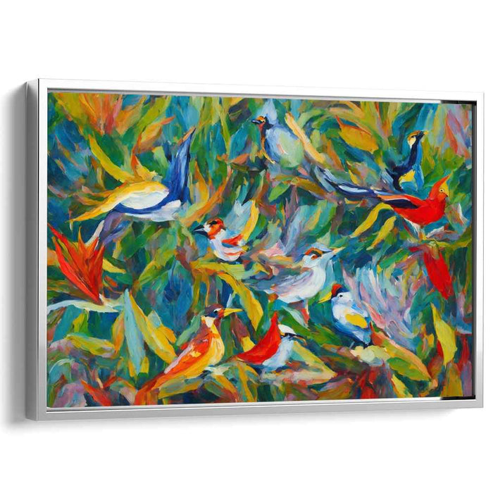Avian Brushstrokes Dance: Impressionistic Birds in Lush Foliage Canvas Art