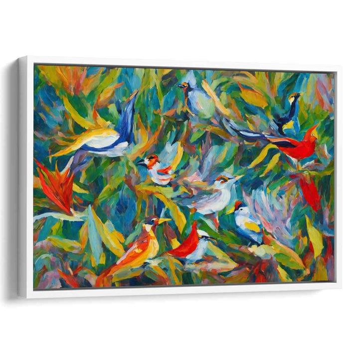 Avian Brushstrokes Dance: Impressionistic Birds in Lush Foliage Canvas Art