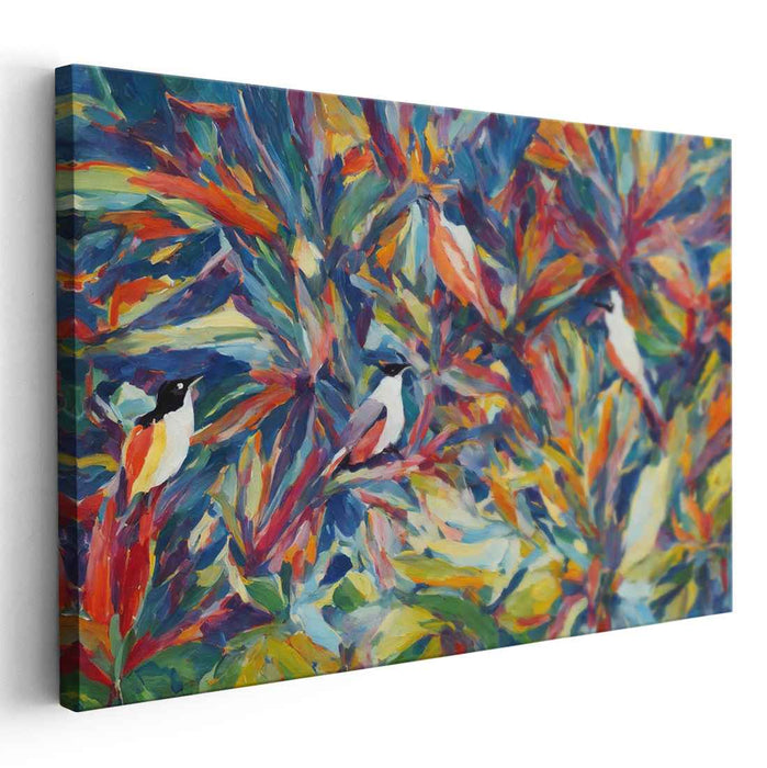 Avian Melody: Vibrant Birds and Foliage Abstract Canvas Art Print