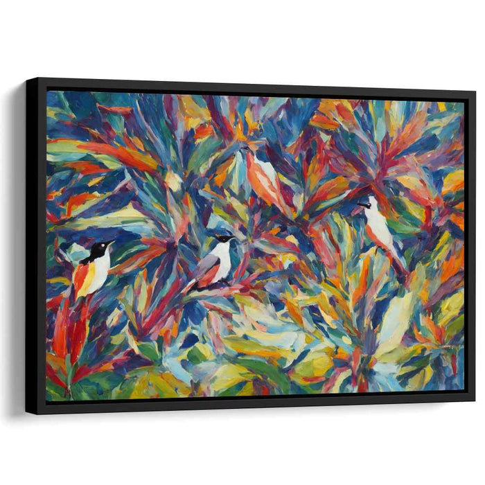 Avian Melody: Vibrant Birds and Foliage Abstract Canvas Art Print