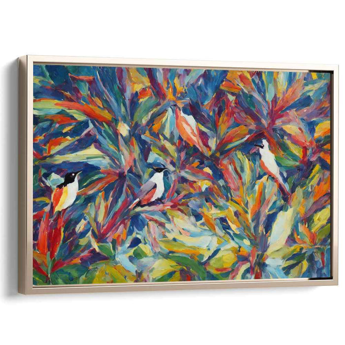 Avian Melody: Vibrant Birds and Foliage Abstract Canvas Art Print
