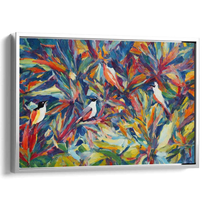 Avian Melody: Vibrant Birds and Foliage Abstract Canvas Art Print