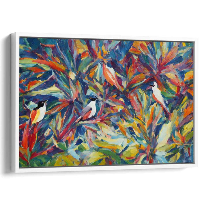 Avian Melody: Vibrant Birds and Foliage Abstract Canvas Art Print