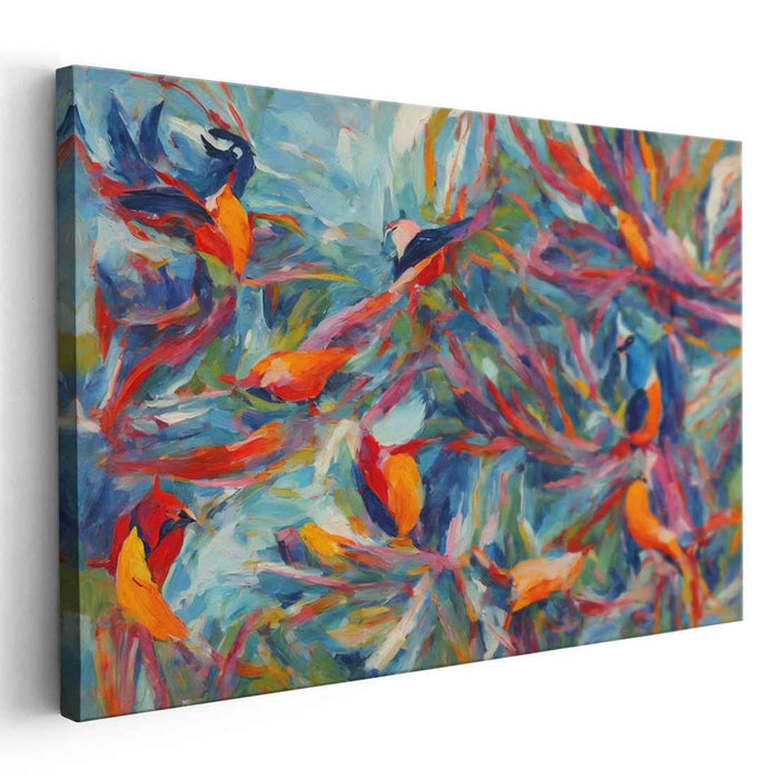 Exotic Aviary: Vibrant Impressionist Parrots Canvas Art Print