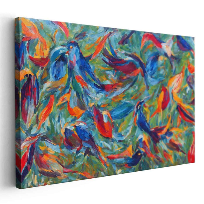 Whirlwind of Vivid Wings: Expressionistic Bird Flight Canvas Art