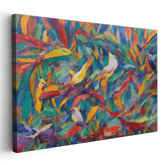 Vivid Avian Jungle Dance: Exuberant Fauvist Birds in Lush Foliage Canvas Art Print