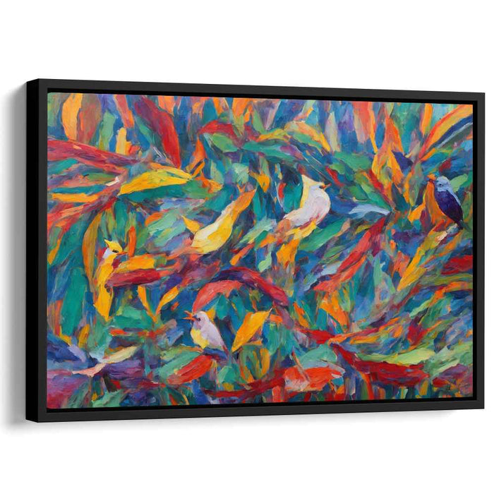 Vivid Avian Jungle Dance: Exuberant Fauvist Birds in Lush Foliage Canvas Art Print
