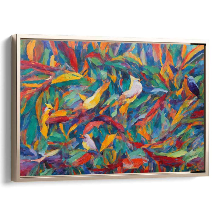 Vivid Avian Jungle Dance: Exuberant Fauvist Birds in Lush Foliage Canvas Art Print