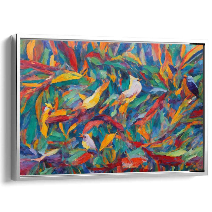 Vivid Avian Jungle Dance: Exuberant Fauvist Birds in Lush Foliage Canvas Art Print