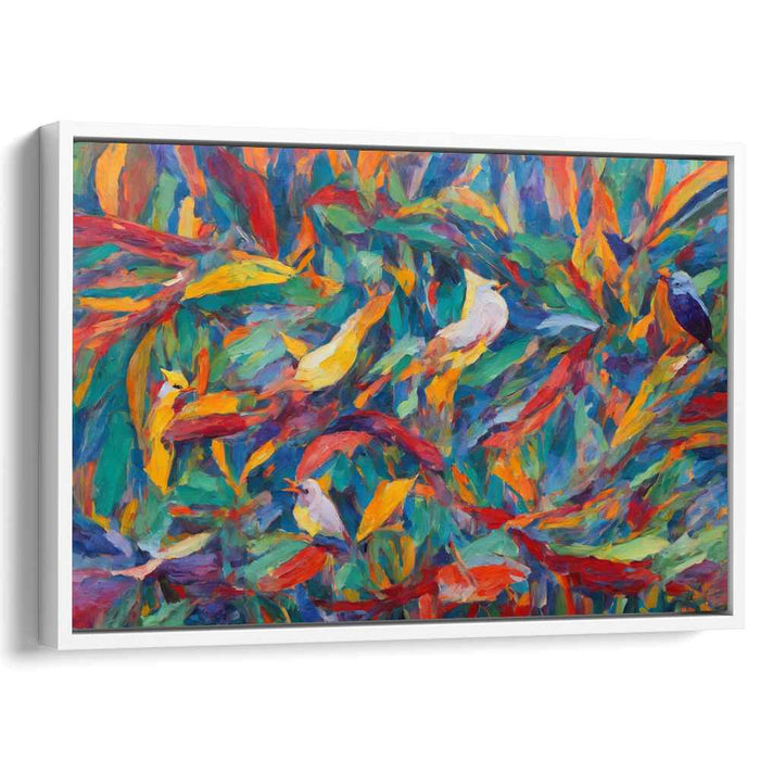 Vivid Avian Jungle Dance: Exuberant Fauvist Birds in Lush Foliage Canvas Art Print