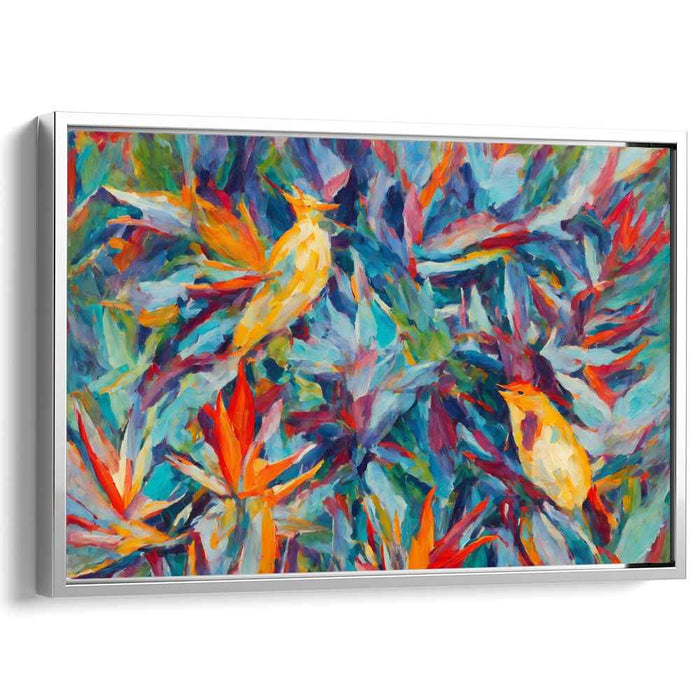 Foliage Melodies: Vibrant Birds in Lush Foliage Canvas Art Print