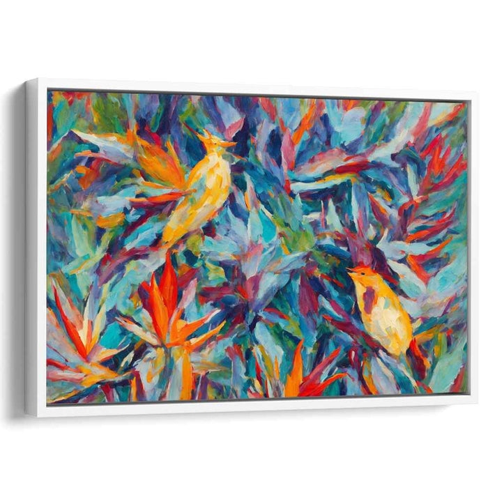 Foliage Melodies: Vibrant Birds in Lush Foliage Canvas Art Print