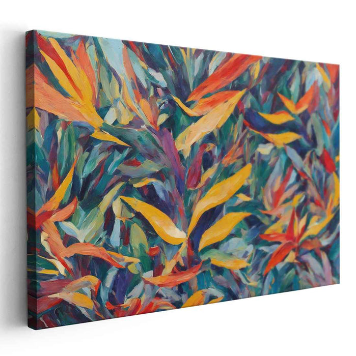 Brushstroke Tango Amidst Autumn Greens: Vibrant Foliage in Expressive Brushstrokes Canvas Art Print