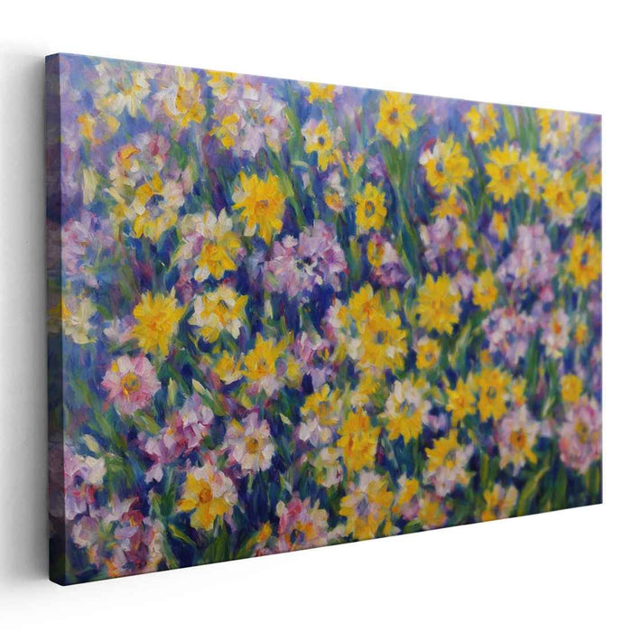 Aurora Blooming Meadow: Vibrant Yellow and Purple Wildflower Canvas Art