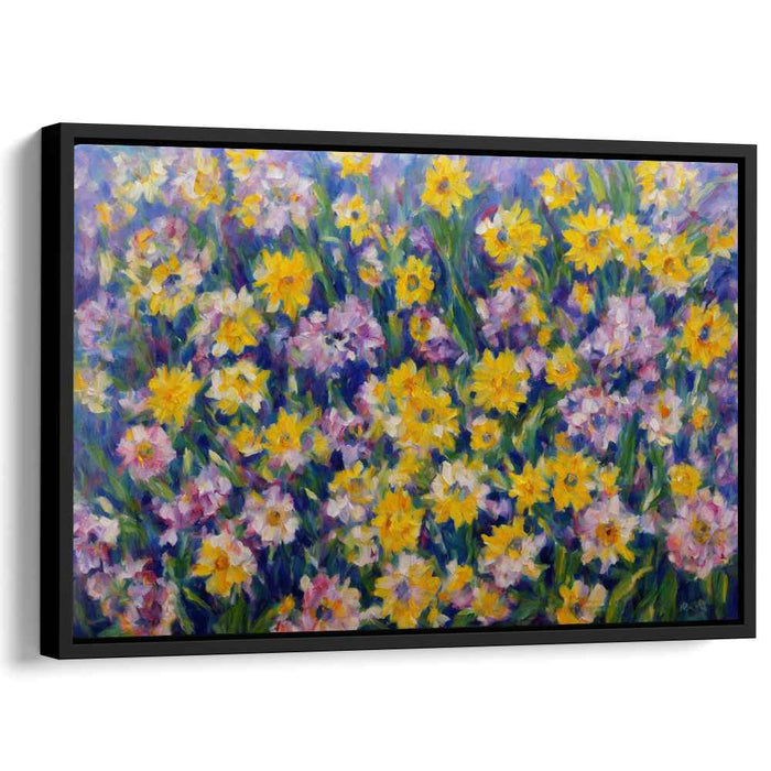 Aurora Blooming Meadow: Vibrant Yellow and Purple Wildflower Canvas Art